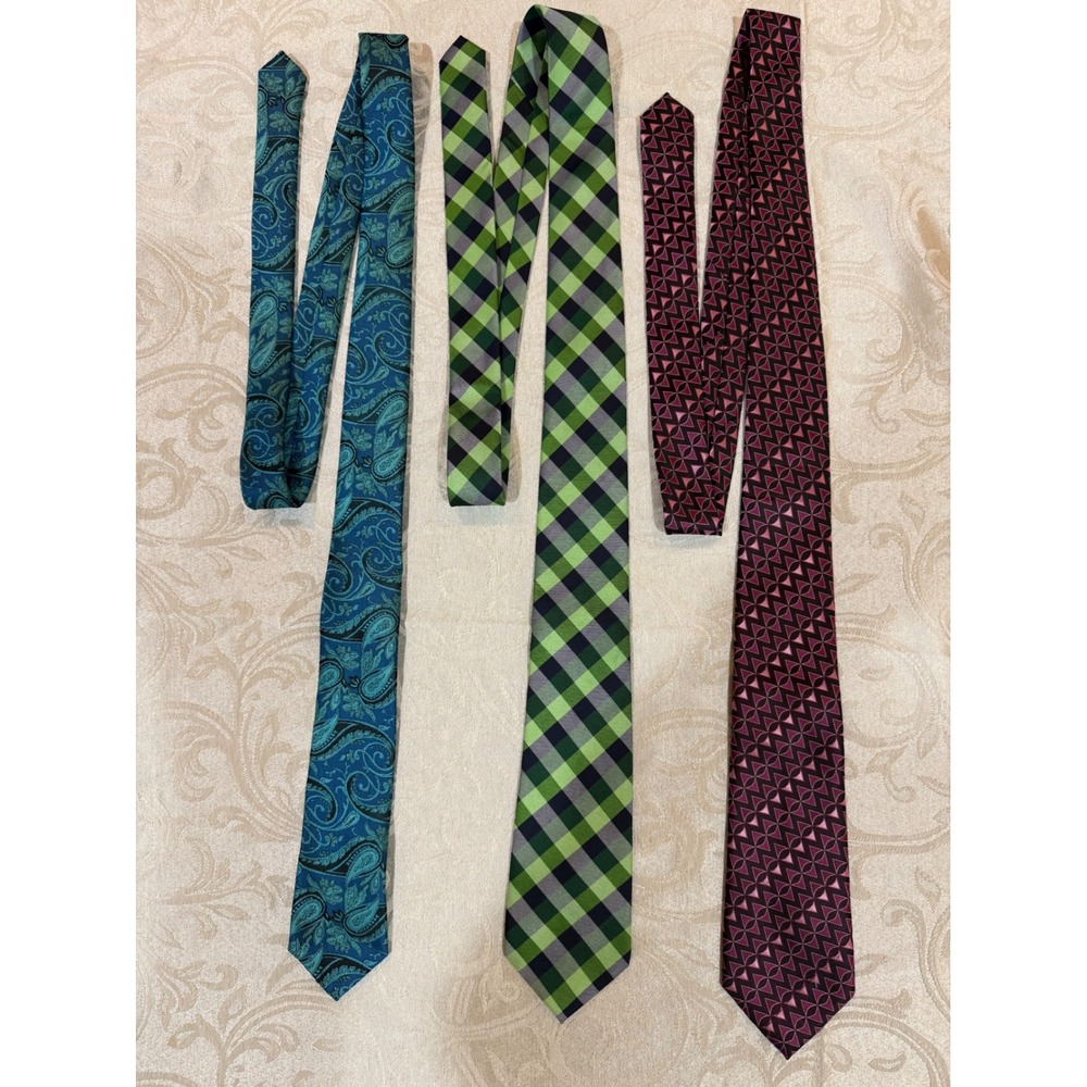 Mens Necktie Lot 3 Hi-Tie KissTies Paisley Gingham Geometric Teal Green Burgundy